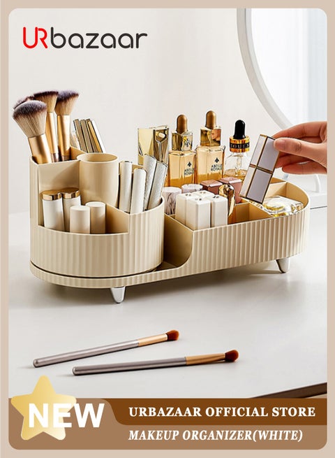 Makeup Organizer, Upgraded 2-in-1 360 Rotating Makeup Brush Holder, Large Adjustable Cosmetic Storage for Vanity,Makeup Organizer Drawers for Skincare Cosmetic(White)