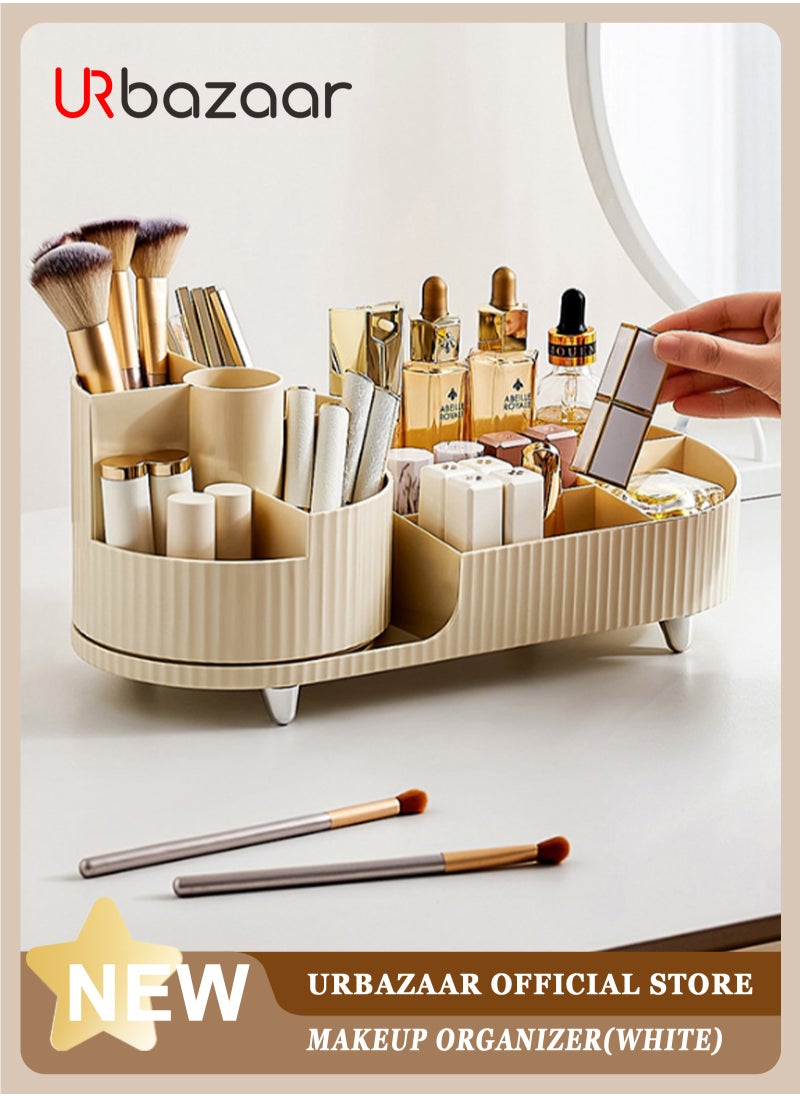 URbazaar Makeup Organizer, Upgraded 2-in-1 360 Rotating Makeup Brush Holder, Large Adjustable Cosmetic Storage for Vanity,Makeup Organizer Drawers for Skincare Cosmetic(White)  - Image 1