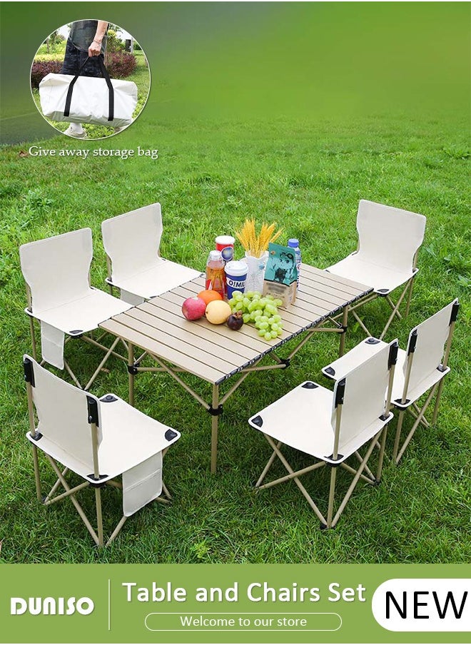 DUNISO - 7PCS Folding Table and Chairs Set, Portable Picnic Long Table with 6 Seats ,Camping Table with Easy Carrying Bag, Lightweight Folding Egg Roll Table and Chair Set for Outdoor Camping Picnic BBQ, Party and Dining - Image 1