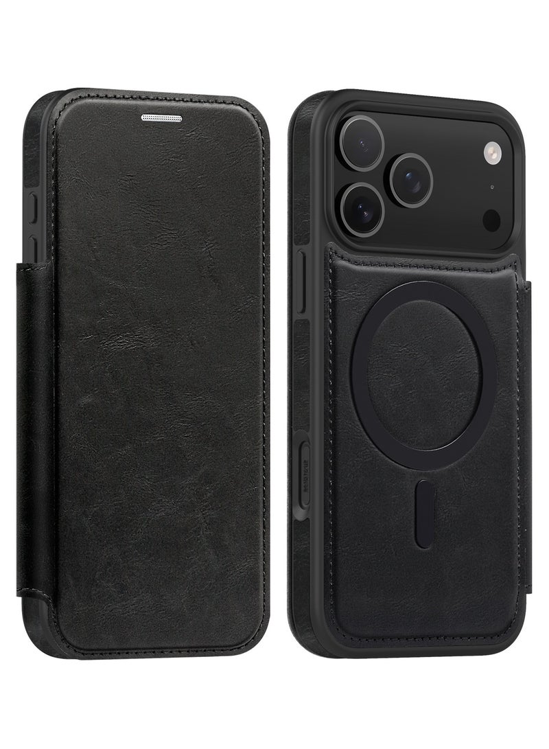 ICARLUS For iPhone 17 Pro Max Case Compatible with MagSafe RFID Blocking Card Holder Leather Phone Cover - Black - Image 1
