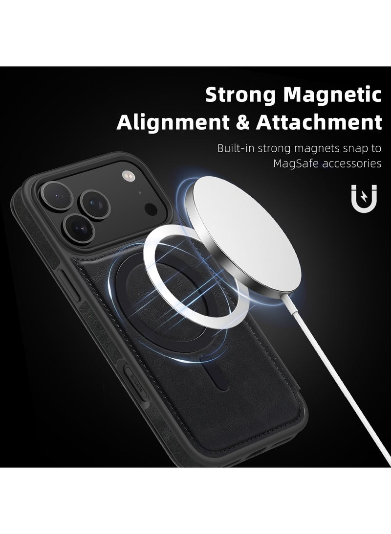 ICARLUS For iPhone 17 Pro Max Case Compatible with MagSafe RFID Blocking Card Holder Leather Phone Cover - Black - Image 4
