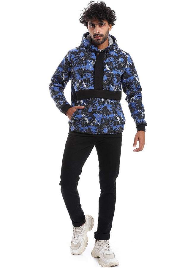 Andora - Self Pattern Long Sleeves Worm Hoodie _ Royal Blue, White & Black - Image 1