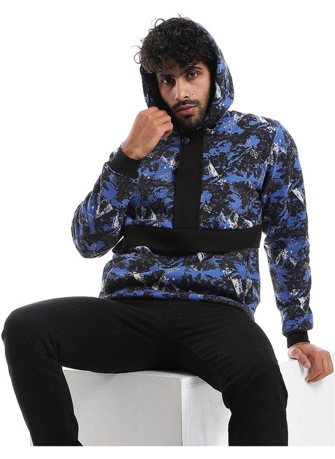 Self Pattern Long Sleeves Worm Hoodie _ Royal Blue, White & Black