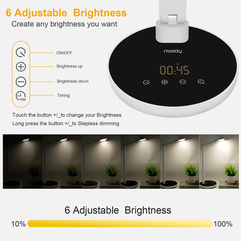 Miady LED Desk Lamp Stepless Dimming for Office Home, 15/30/45 Minutes Auto-Off Timer, 6 Lighting Brightness Levels with Adjustable Arm, Eye-Caring Reading Light for Table Bedroom Study - Image 2
