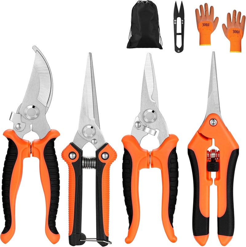 Topbooc 5 pack Garden Pruning Shears Stainless Steel Blades, Handheld Scissors Set with Gardening Gloves,Heavy Duty Garden Bypass Pruning Shears,Tree Trimmers Secateurs, Hand Pruner (Orange) - Image 1