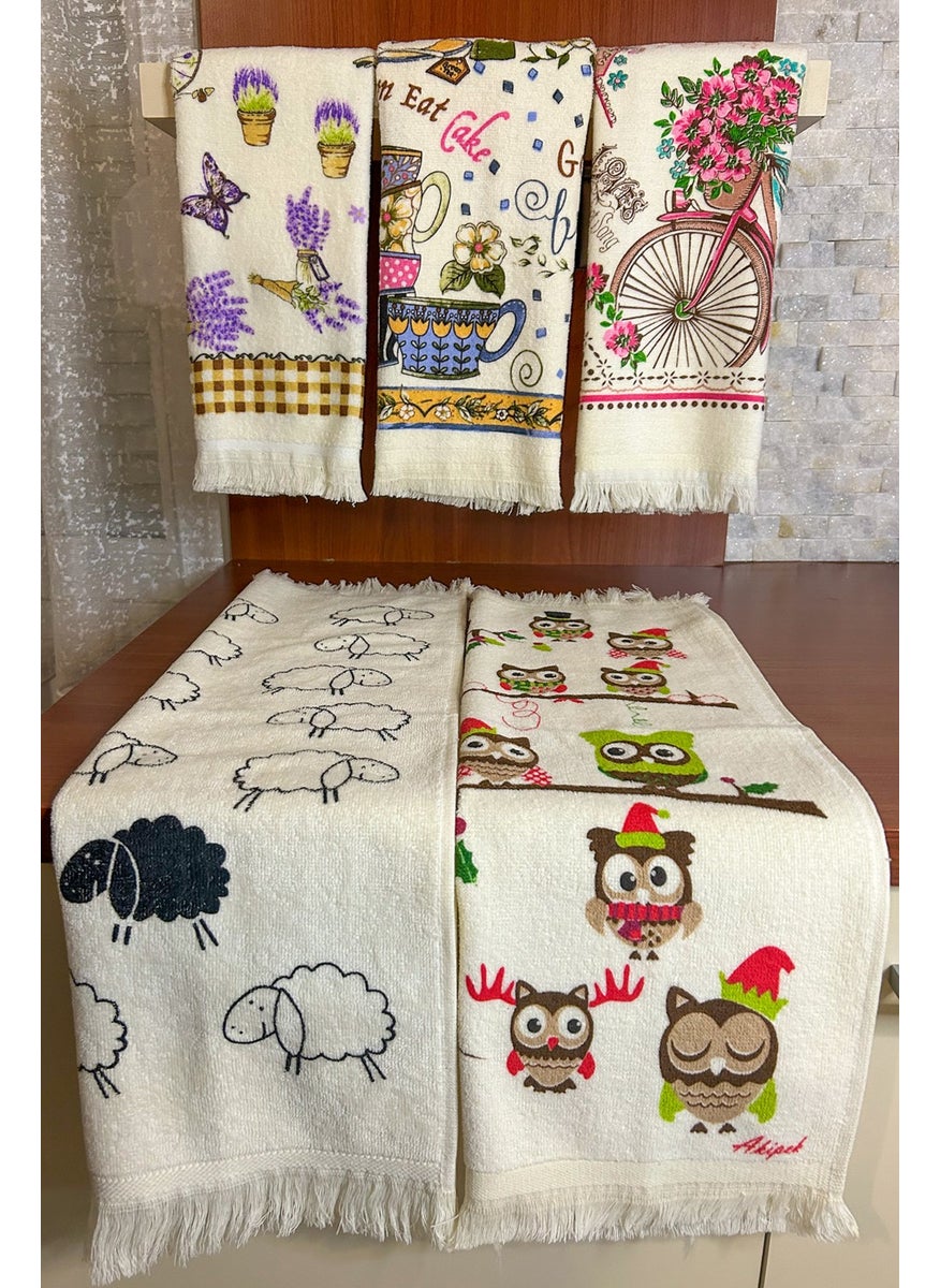 Cnr Garden 5 Piece Fringed Cotton 40X60 cm 100% Cotton Printed Towel Set Hand Face Kitchen Towel Soft Patterned Water Absorbent Set  - Image 1