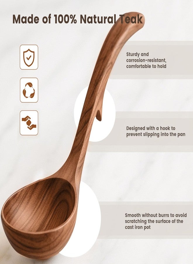 هانزغو مغرفة خشبية من هانزجو للطبخ، ملاعق شوربة خشبية، ملعقة تقديم من خشب الساج الطبيعي، مغرفة بمقبض طويل 9 بوصات لتقليب المرق والصلصة والعصيدة، هدايا الانتقال إلى منزل جديد - Image 4