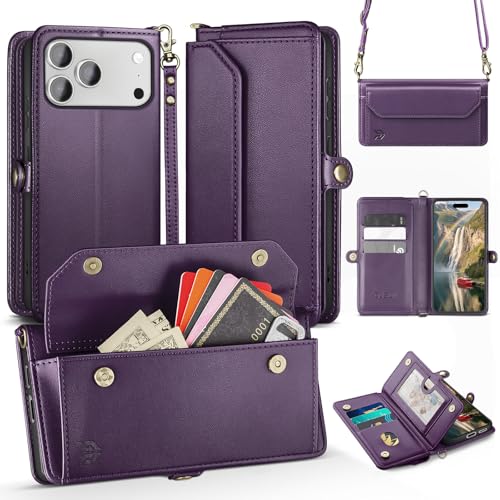 DJBull for iPhone 17 Pro Max 6.9" Wallet Case with Card Holder, Shoulder and Wristlet Straps, Soft PU Leather, Magnetic Snap, Flip Phone Case for Women Men for Apple 17 Pro Max Purple - Image 1