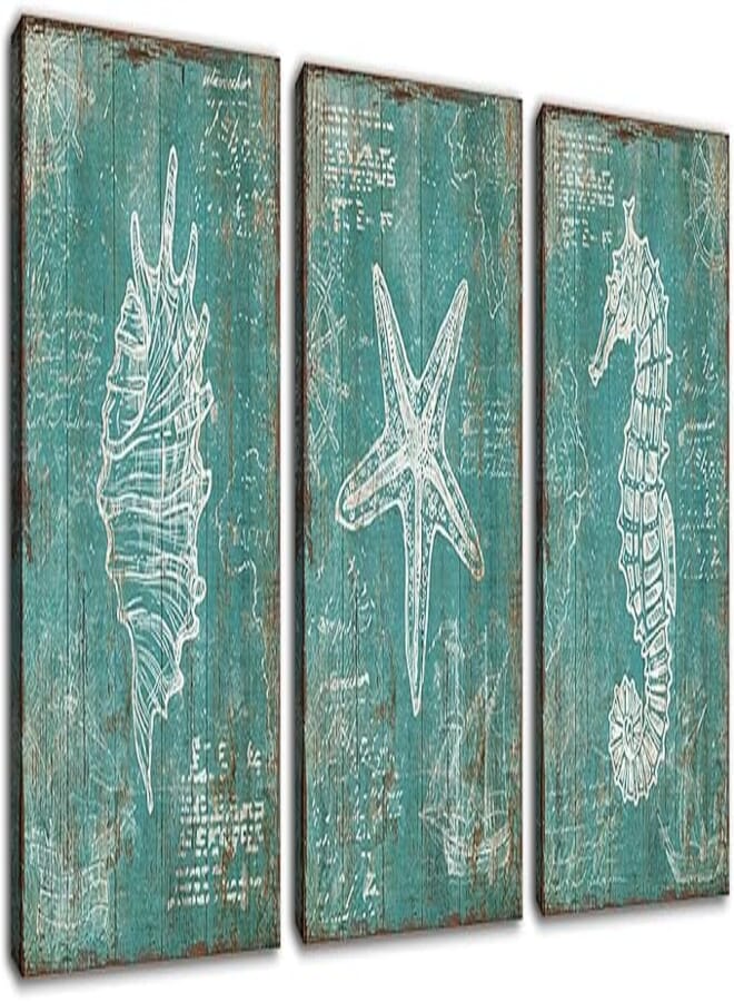 Vintage Marine Life Wall Art Rustic Nautical Canvas Pictures Wall Decor Conch Seastar Hippocampus Prints Beach Seashell Canvas Painting Turquoise Artwork Farmhouse Wall Decoration 30 X 40CM X 3 Piece