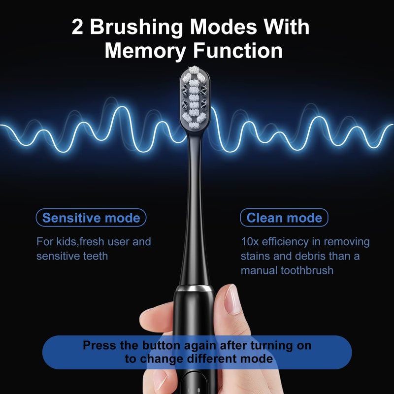 Seago Sonic Electric Battery Toothbrush for Adults and Kids, 3 Brush Heads, with 2 Modes and Waterproof IPX7, Bulid in 2 Mins Timer 24,000 VPM (Black) - Image 4