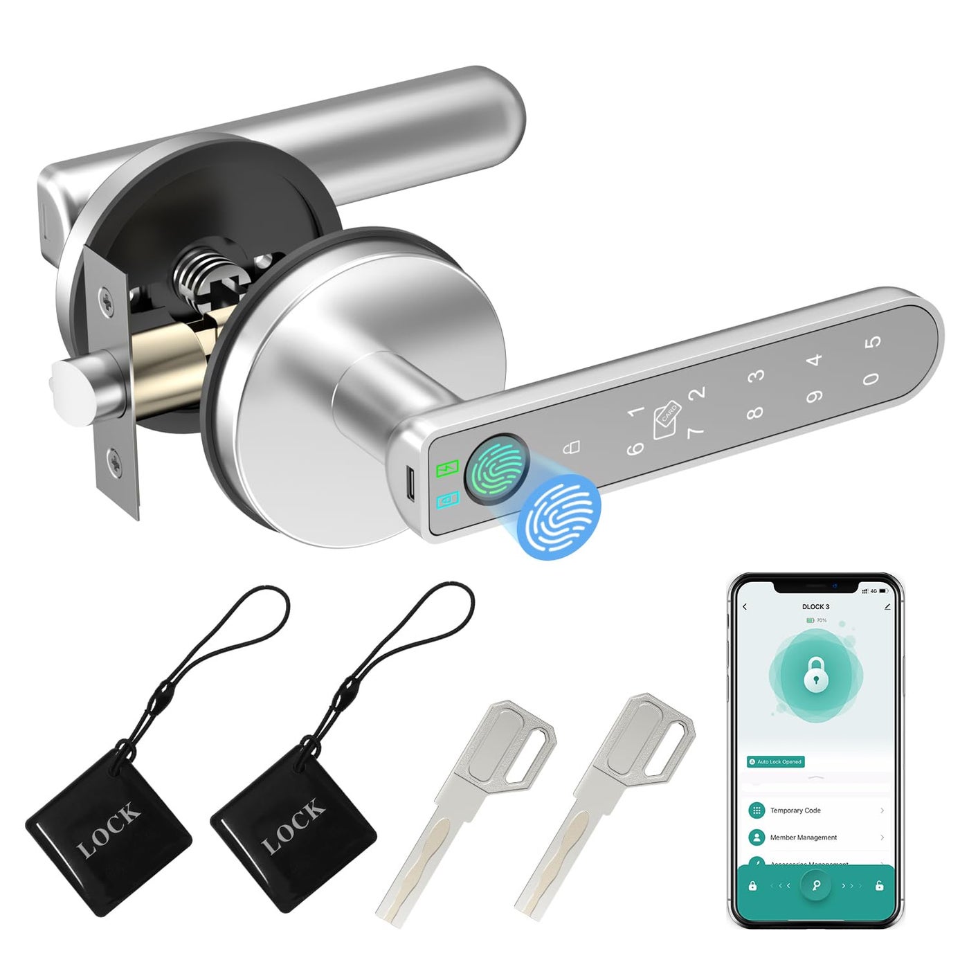 BIWIBON Fingerprint Door Lock 5 in 1 Smart Door Knob with Smart APPFingerprintIC CardsPasswordBackup Keys Finger Print Door Knob with Keypad for Bedroom Office Apartment Silver 1 Pack