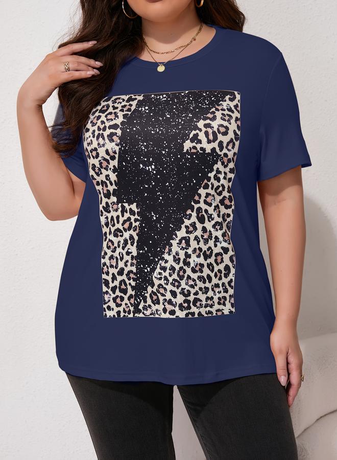 Take Two Plus Size Navy Blue Leopard Print Sequin Embellished T-Shirt - Image 5