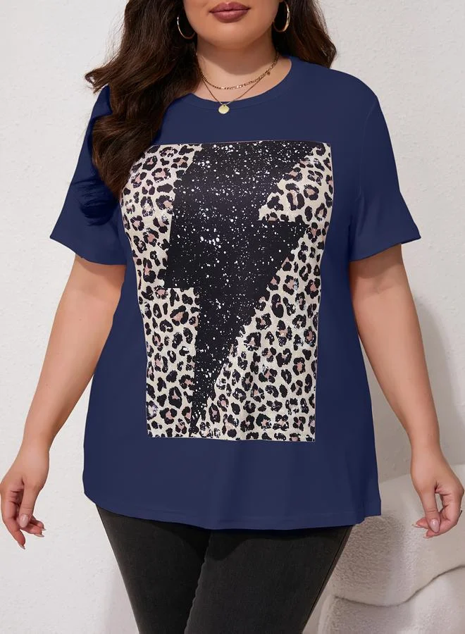 تايك تو Plus Size Navy Blue Leopard Print Sequin Embellished T-Shirt
