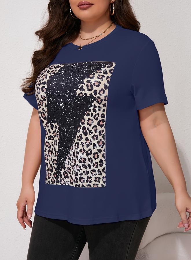 Take Two Plus Size Navy Blue Leopard Print Sequin Embellished T-Shirt - Image 3