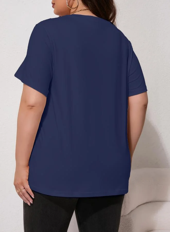 تايك تو Plus Size Navy Blue Leopard Print Sequin Embellished T-Shirt