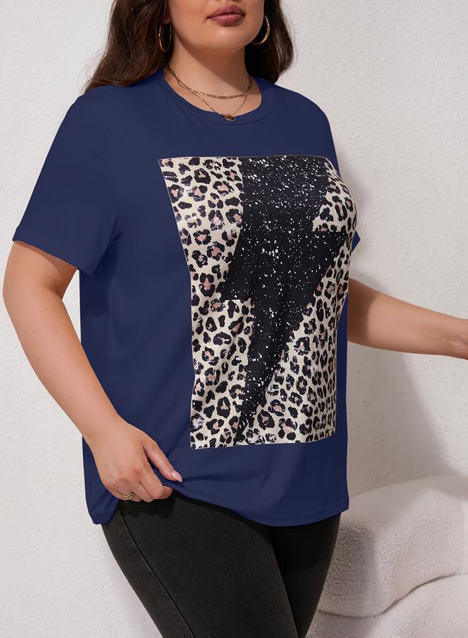 Take Two Plus Size Navy Blue Leopard Print Sequin Embellished T-Shirt - Image 4