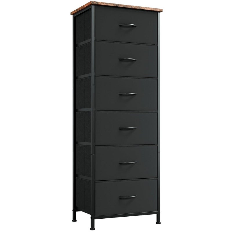 Somdot Tall Dresser for Bedroom with 6 Drawers and Side Pockets Storage Organizer Chest of Drawers with Fabric Bins for Closet Bedside Nursery Living Room Entryway Hallway Black Rustic Brown