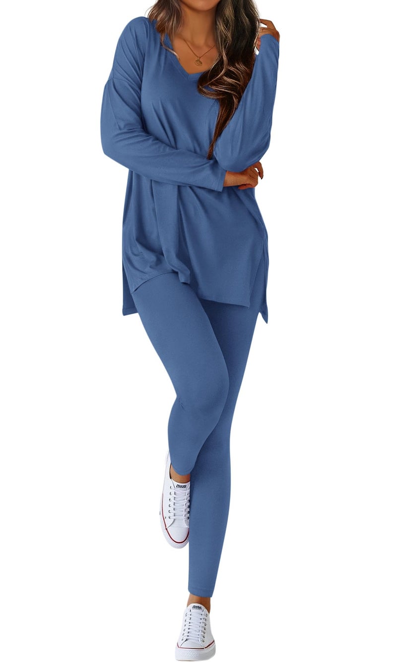 BTFBM Two Piece Sets for Women 2026 Casual Lounge Set Matching Oversized Shirts Leggings Workout Airport Travel Outfits(Dusty Blue, XX-Large) - Image 1