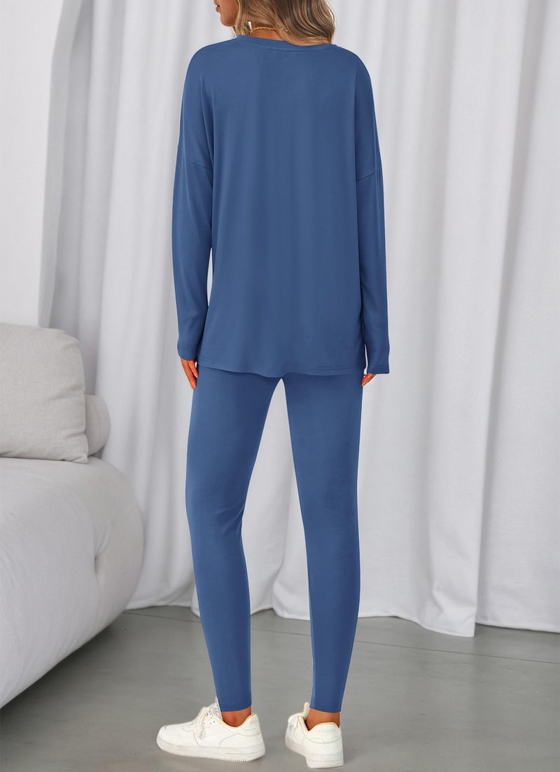 BTFBM Two Piece Sets for Women 2026 Casual Lounge Set Matching Oversized Shirts Leggings Workout Airport Travel Outfits(Dusty Blue, XX-Large) - Image 3