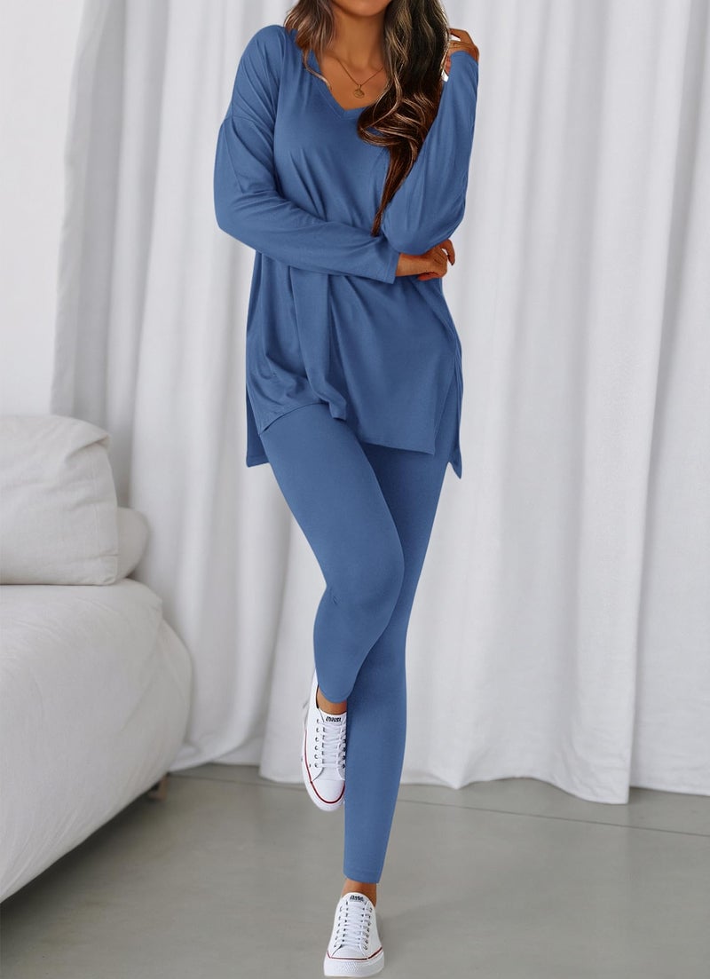 BTFBM Two Piece Sets for Women 2026 Casual Lounge Set Matching Oversized Shirts Leggings Workout Airport Travel Outfits(Dusty Blue, XX-Large) - Image 5