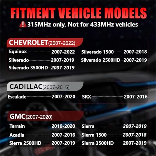 Cangecit Pre-Programmed 315Mhz TPMS, Tire Pressure Sensor Fit for Chevy Silverado(2007-2019)/Equinox(2007-2022), Cadillac Escalade (2007-2020), GMC Terrain(2010-2020)/Sierra(2007-2019) (4PCS) - Image 2