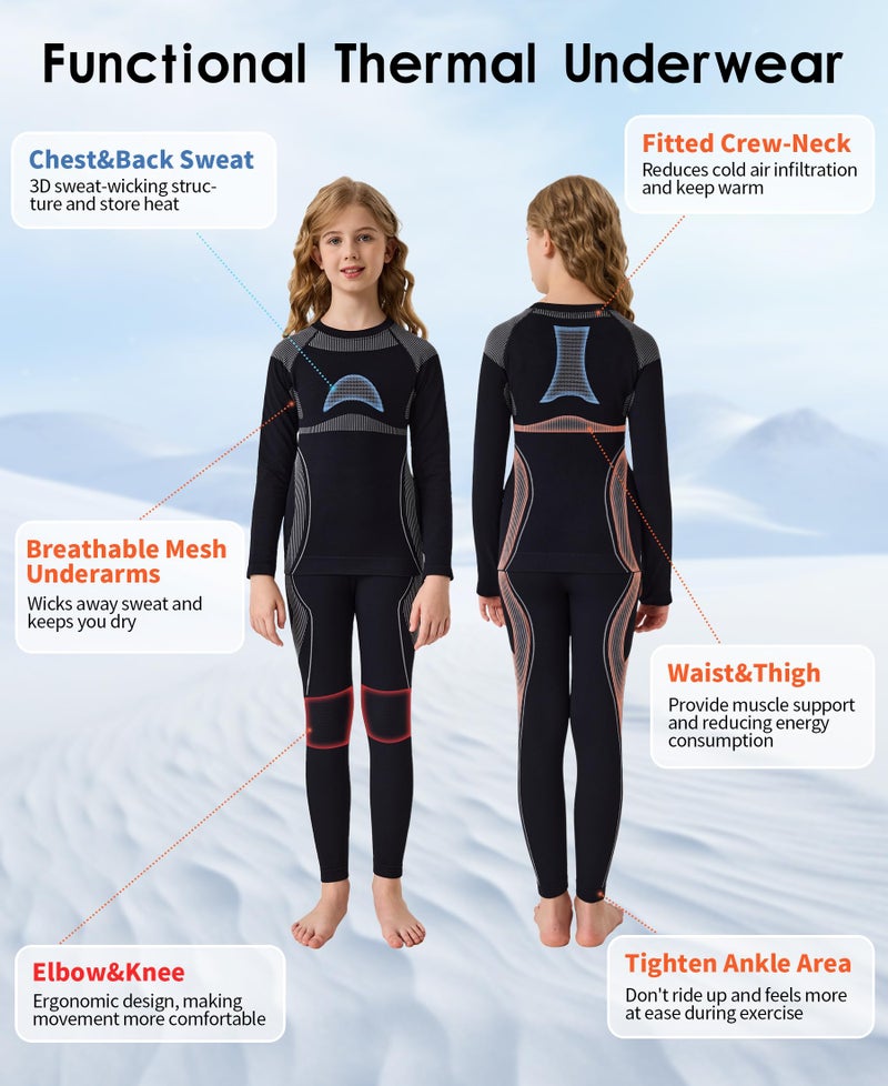 beautyin Kids Seamless Thermal Underwear Set Winter Base Layer Long johns Thermals for Kids Black/Grey - Image 3