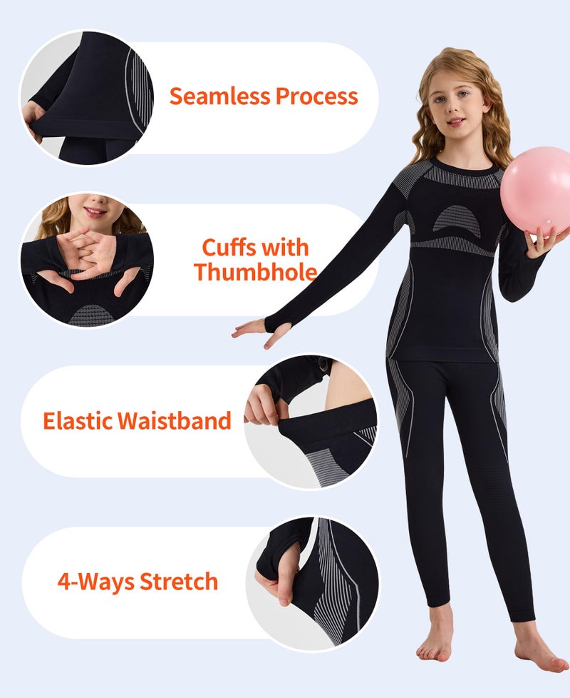 beautyin Kids Seamless Thermal Underwear Set Winter Base Layer Long johns Thermals for Kids Black/Grey - Image 5