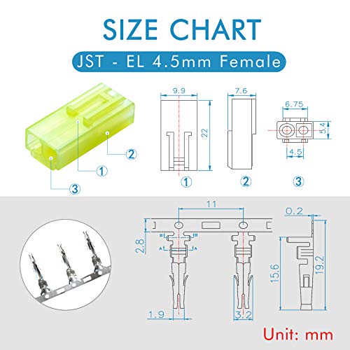CQRobot JST EL 4.5 mm Pitch 2-Pin Electronic Connector IC Male Plugs, Female Sockets Housing and Male/Female T-Shaped Crimp Terminal Kit. 50 Sets/300 Pieces Wire-Wire Adapter Cable Assembly. - Image 3