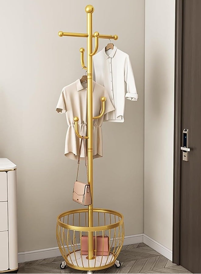 Generic Coat Rack with Storage Basket, Coat Stand Freestanding with 4 Hooks, Metal Coat Tree with Brake Wheels for Entryway, Hallway, Bedroom, Living Room  - Image 1