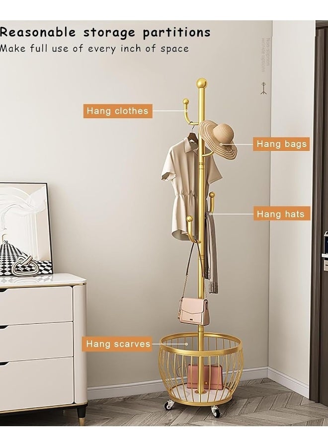 Generic Coat Rack with Storage Basket, Coat Stand Freestanding with 4 Hooks, Metal Coat Tree with Brake Wheels for Entryway, Hallway, Bedroom, Living Room  - Image 3