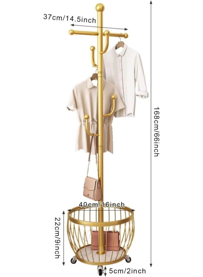 Generic Coat Rack with Storage Basket, Coat Stand Freestanding with 4 Hooks, Metal Coat Tree with Brake Wheels for Entryway, Hallway, Bedroom, Living Room  - Image 4