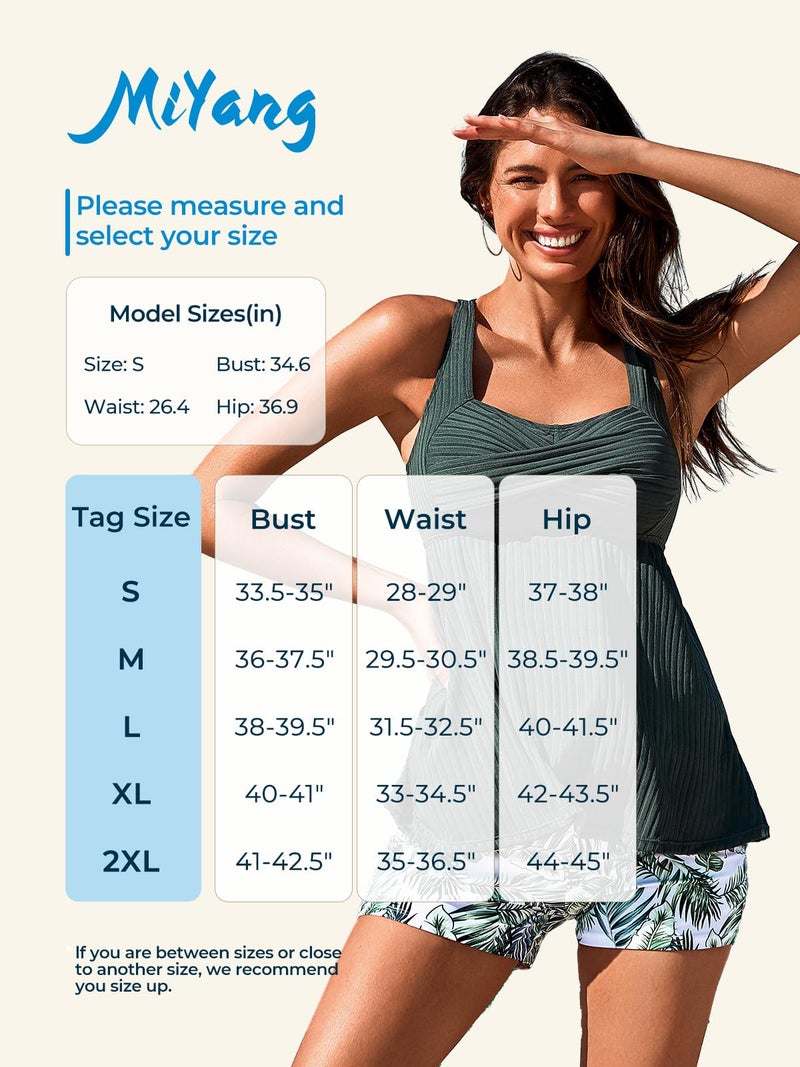MiYang Tankini Swimsuits for Women 2026 Tummy Control Modest Flowy Two Piece Bathing Suits Top with Pockets Shorts White Green Needle Leaves Size L - Image 5