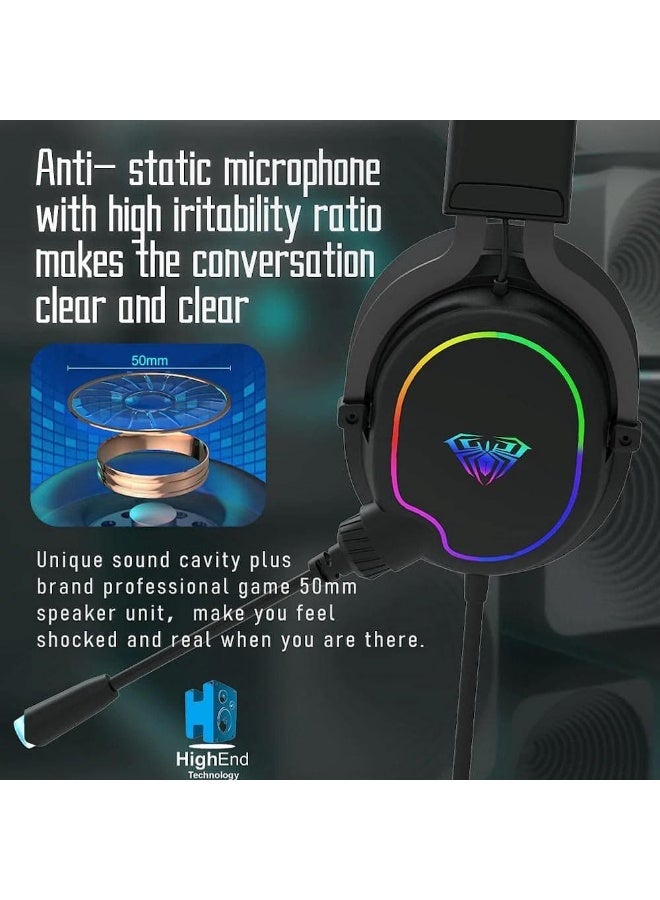 AULA F606 Wired Gaming Headset with RGB Lighting – 50mm Drivers, Sensitive Microphone, Stereo Sound – 3.5mm + USB Cable – Black - Image 4