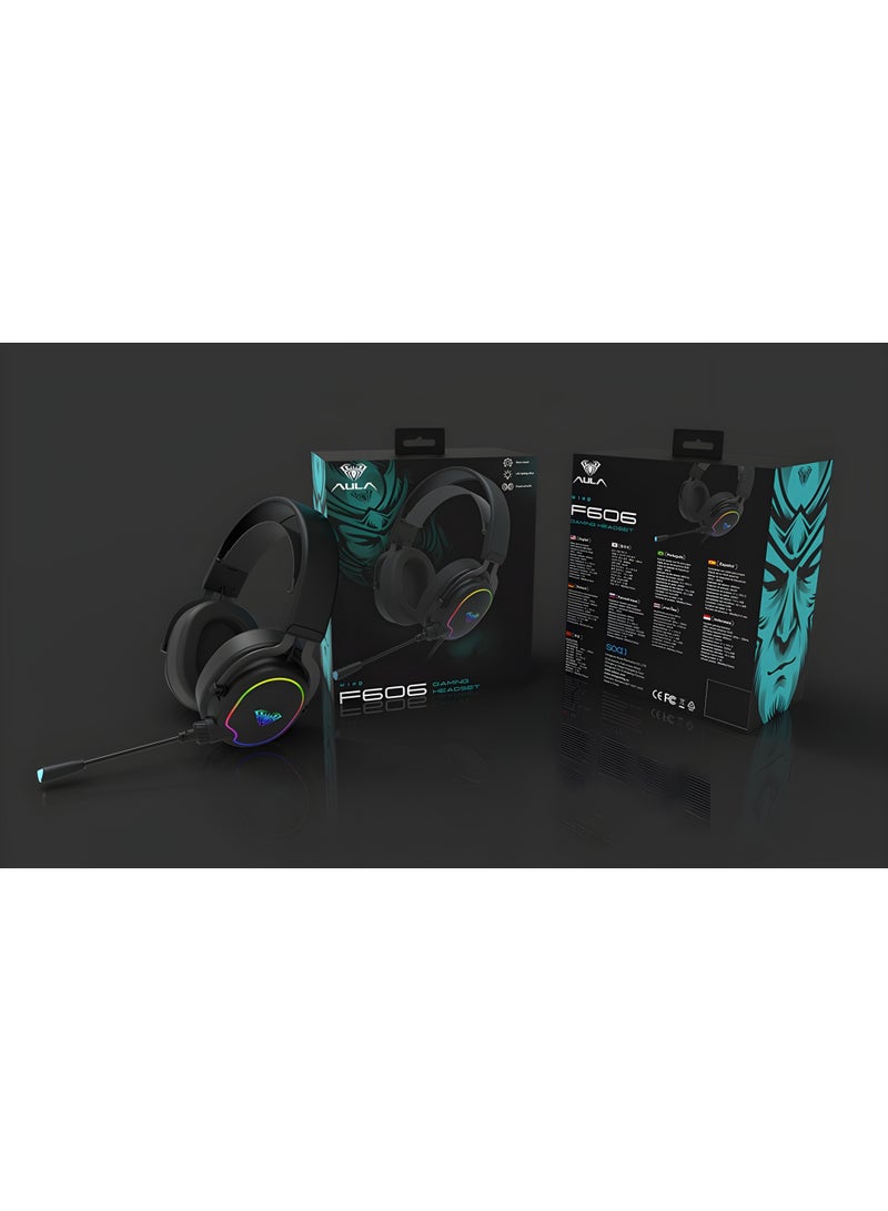 AULA F606 Wired Gaming Headset with RGB Lighting – 50mm Drivers, Sensitive Microphone, Stereo Sound – 3.5mm + USB Cable – Black - Image 3