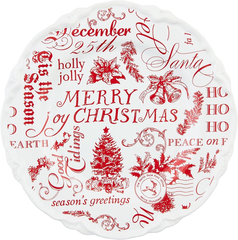 Mud Pie Word Print Xmas Dessert Plates 8 dia RED - Image 1