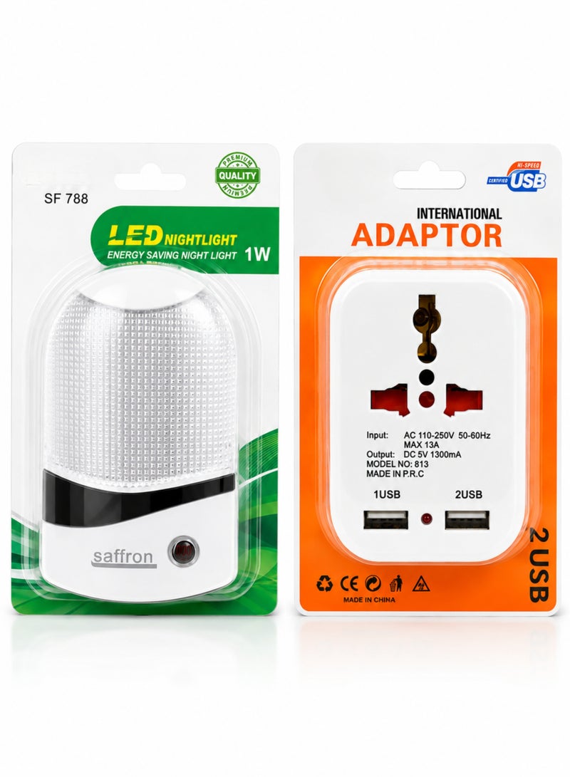 International Universal Travel Adapter with Dual USB Ports + Saffron 1W LED Energy Saving Night Light Combo | Universal Multi Plug Adapter 110-250V | Home, Office & Travel - Image 2