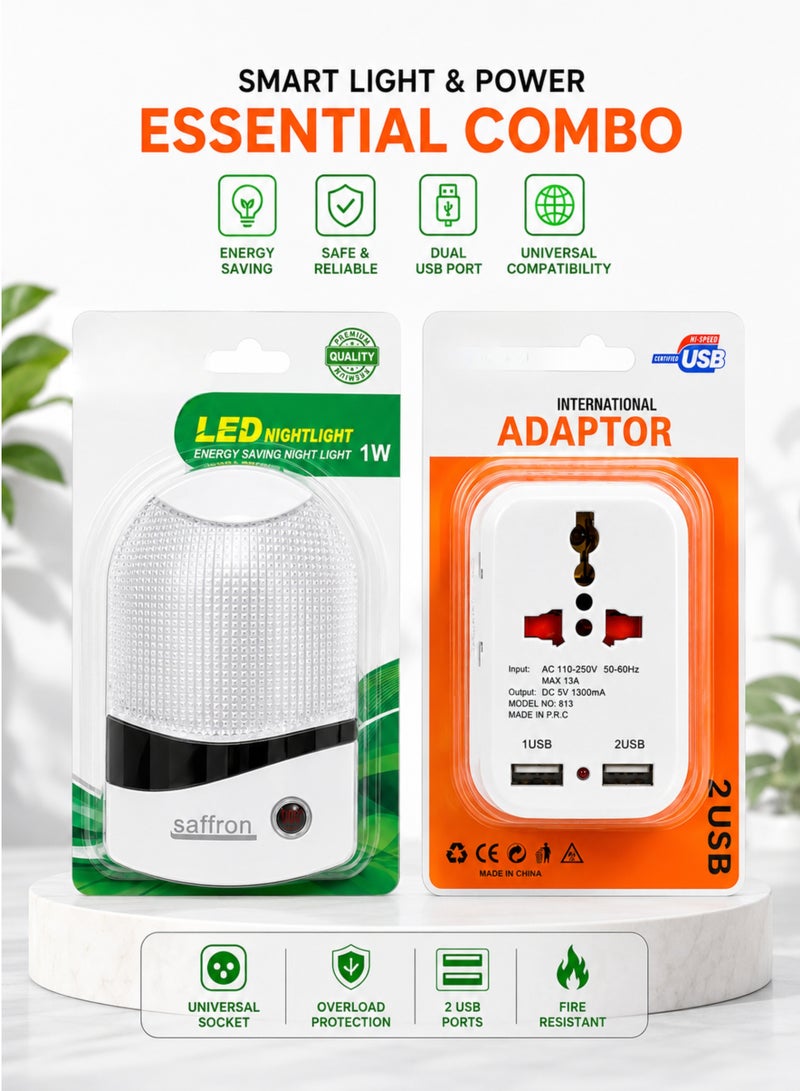 International Universal Travel Adapter with Dual USB Ports + Saffron 1W LED Energy Saving Night Light Combo | Universal Multi Plug Adapter 110-250V | Home, Office & Travel - Image 1