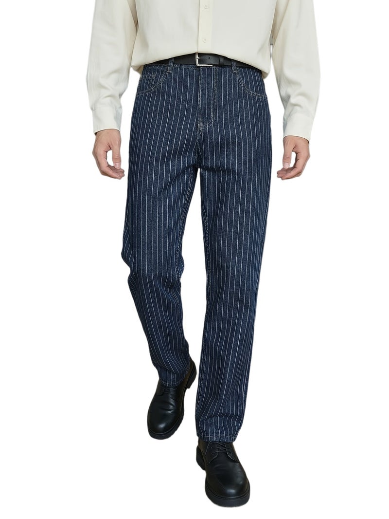 Of Men's Jeans Light Luxury Blue White Striped Jacquard Slim Elastic Fit Straight Leg Jeans Japanese-Korean Fashionable Business Casual Style Versatile Commuting Denim Pants Unisex - Image 1