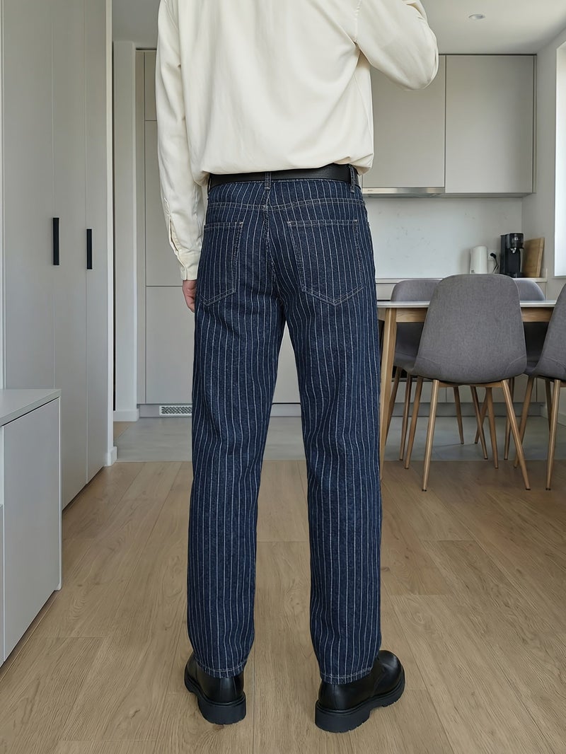 Of Men's Jeans Light Luxury Blue White Striped Jacquard Slim Elastic Fit Straight Leg Jeans Japanese-Korean Fashionable Business Casual Style Versatile Commuting Denim Pants Unisex - Image 4