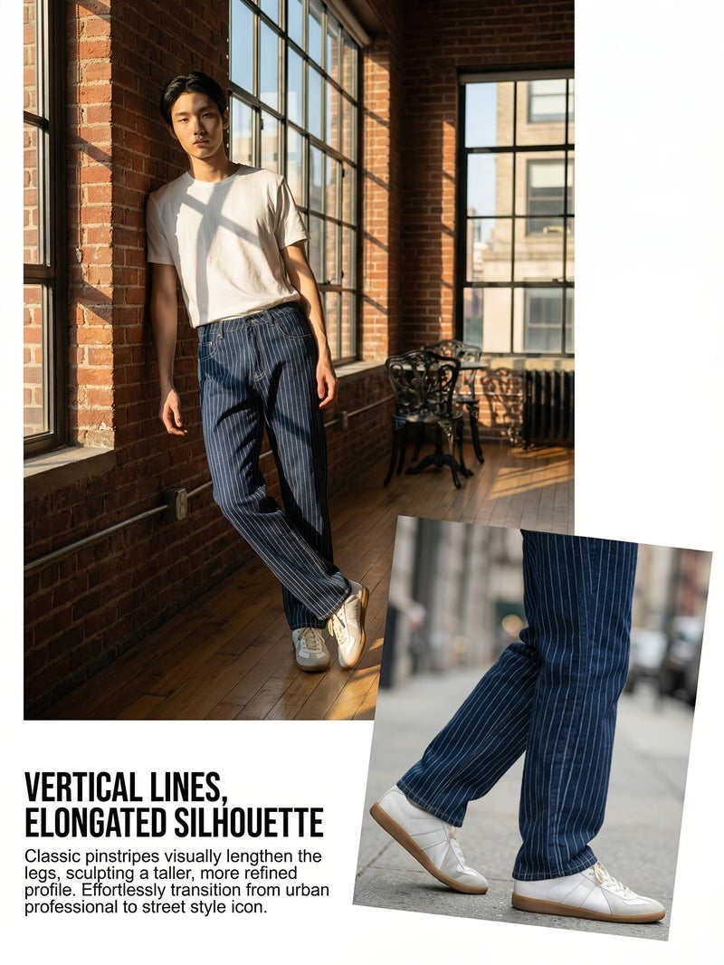 Of Men's Jeans Light Luxury Blue White Striped Jacquard Slim Elastic Fit Straight Leg Jeans Japanese-Korean Fashionable Business Casual Style Versatile Commuting Denim Pants Unisex - Image 5