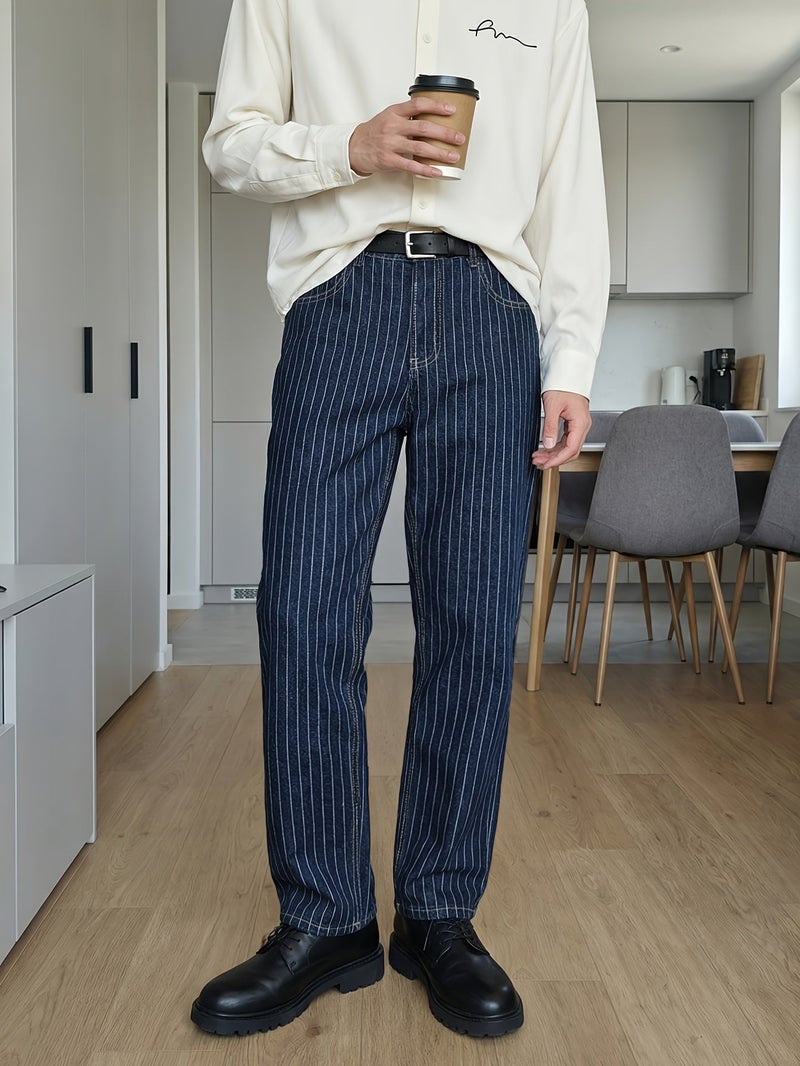 Of Men's Jeans Light Luxury Blue White Striped Jacquard Slim Elastic Fit Straight Leg Jeans Japanese-Korean Fashionable Business Casual Style Versatile Commuting Denim Pants Unisex - Image 2