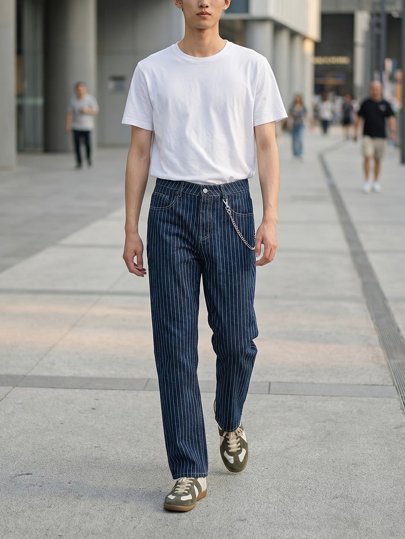 Of Men's Jeans Light Luxury Blue White Striped Jacquard Slim Elastic Fit Straight Leg Jeans Japanese-Korean Fashionable Business Casual Style Versatile Commuting Denim Pants Unisex - Image 3