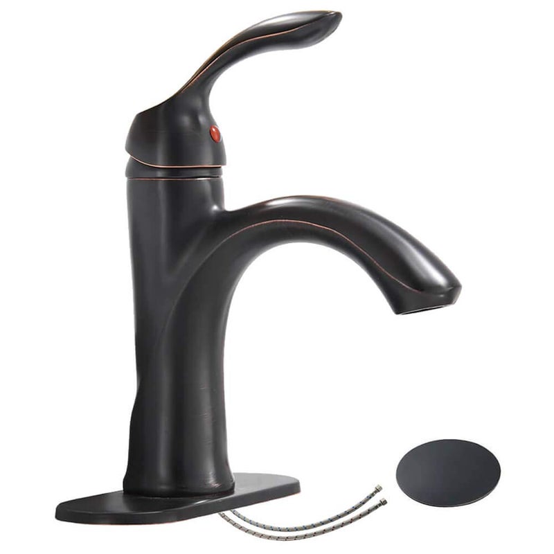 Homevacious Oil Rubbed Bronze Bathroom Faucet Antique Lavatory Sink Single Handle Bath One Hole Lever With Pop Up Drain With Overflow Low-Arc Basin Mixer Tap Supply Hose - Image 1
