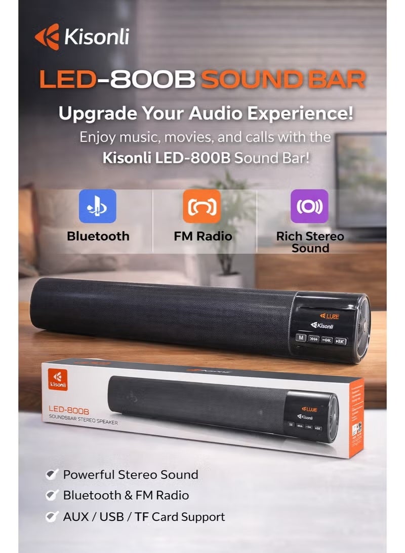 Kisonli Bluetooth Sound Bar Speaker (LED-800B) with FM Radio, AUX/USB/TF Card Support, Rich Stereo Sound, Black - Image 1