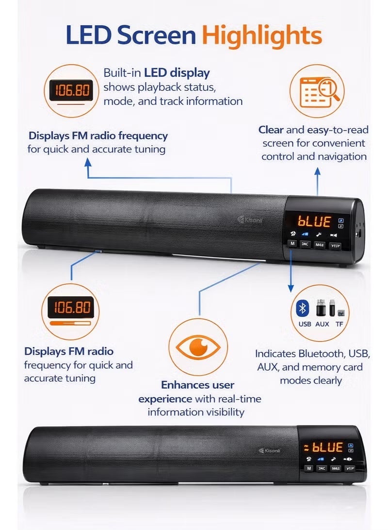 Kisonli Bluetooth Sound Bar Speaker (LED-800B) with FM Radio, AUX/USB/TF Card Support, Rich Stereo Sound, Black - Image 2