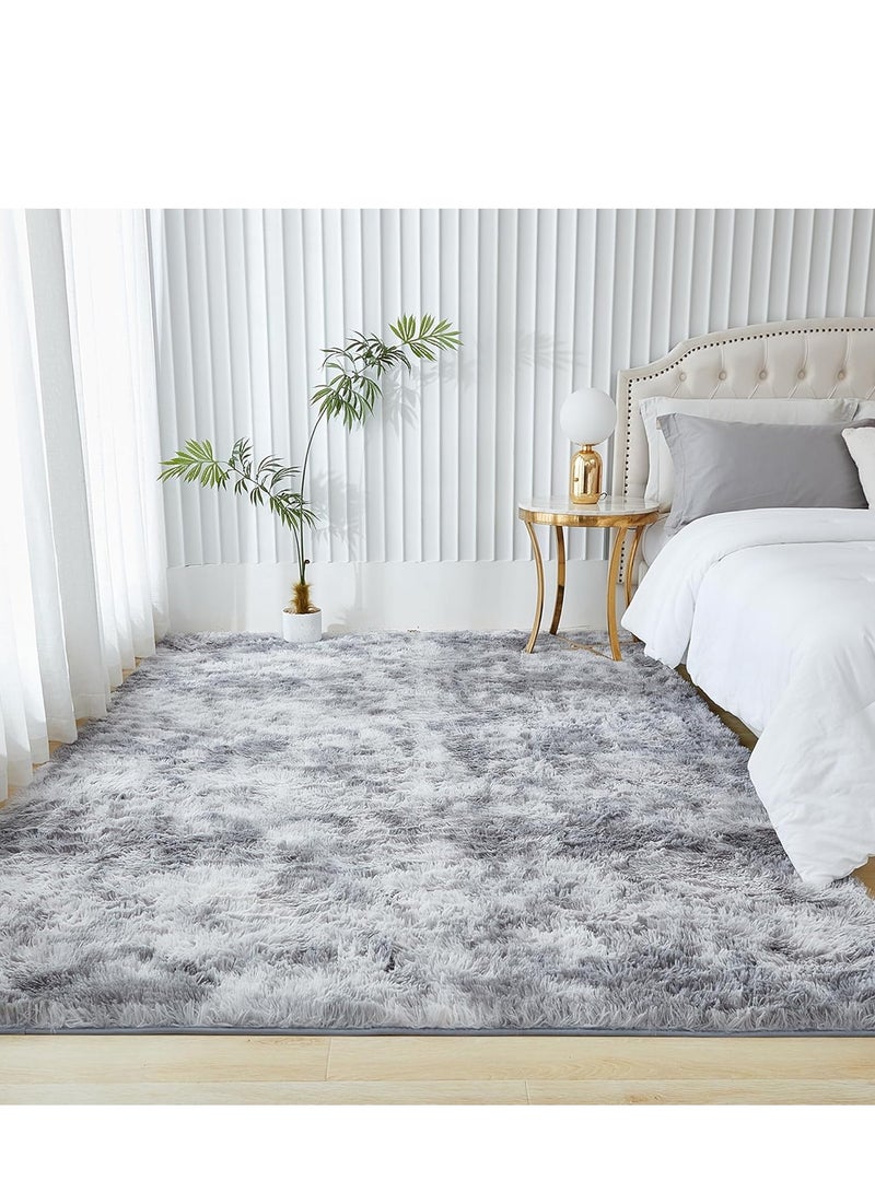Shag Area Rug For Living Room, Tie-Dyed Light Grey Soft Fuzzy Plush Indoor Carpets For Bedroom, Non Skid Fluffy Faux Fur Rug For Room(120*160cm Light Grey) - Image 3