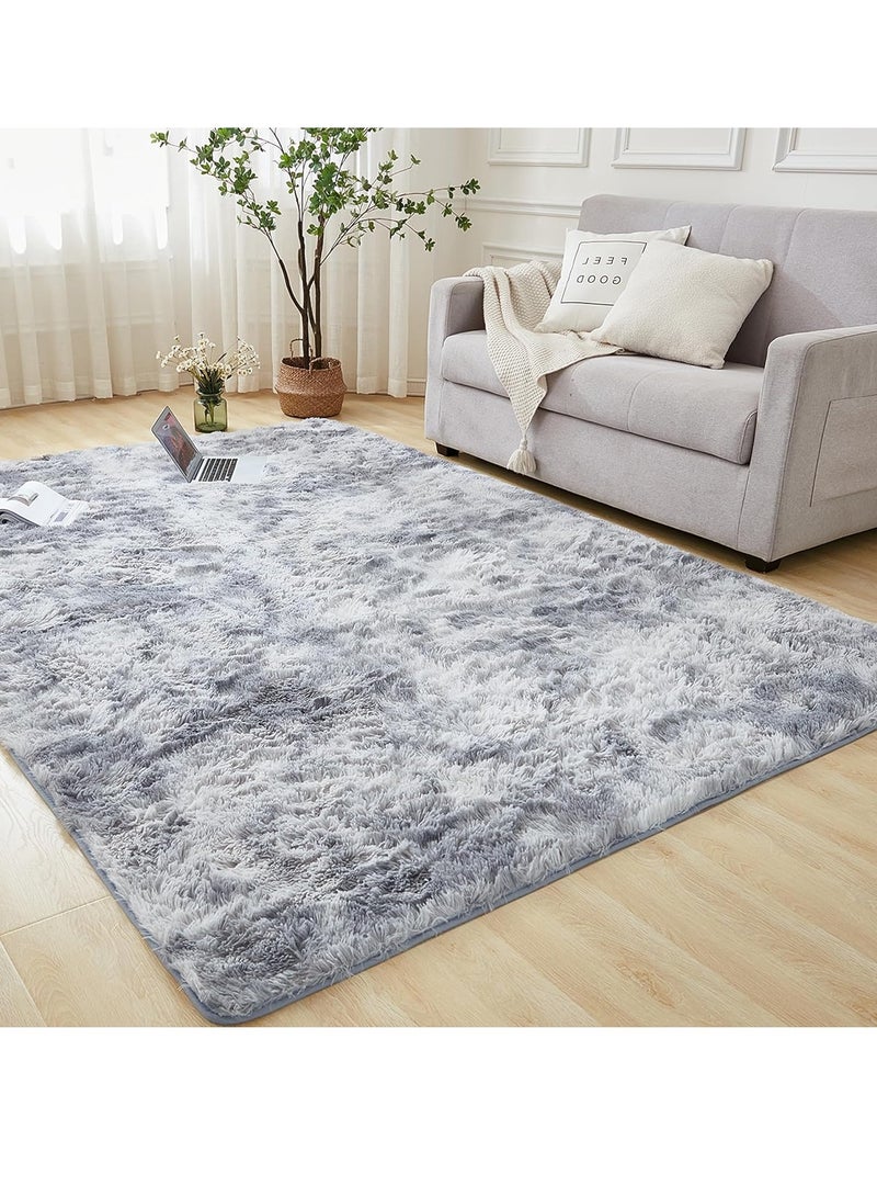 Shag Area Rug For Living Room, Tie-Dyed Light Grey Soft Fuzzy Plush Indoor Carpets For Bedroom, Non Skid Fluffy Faux Fur Rug For Room(120*160cm Light Grey) - Image 1