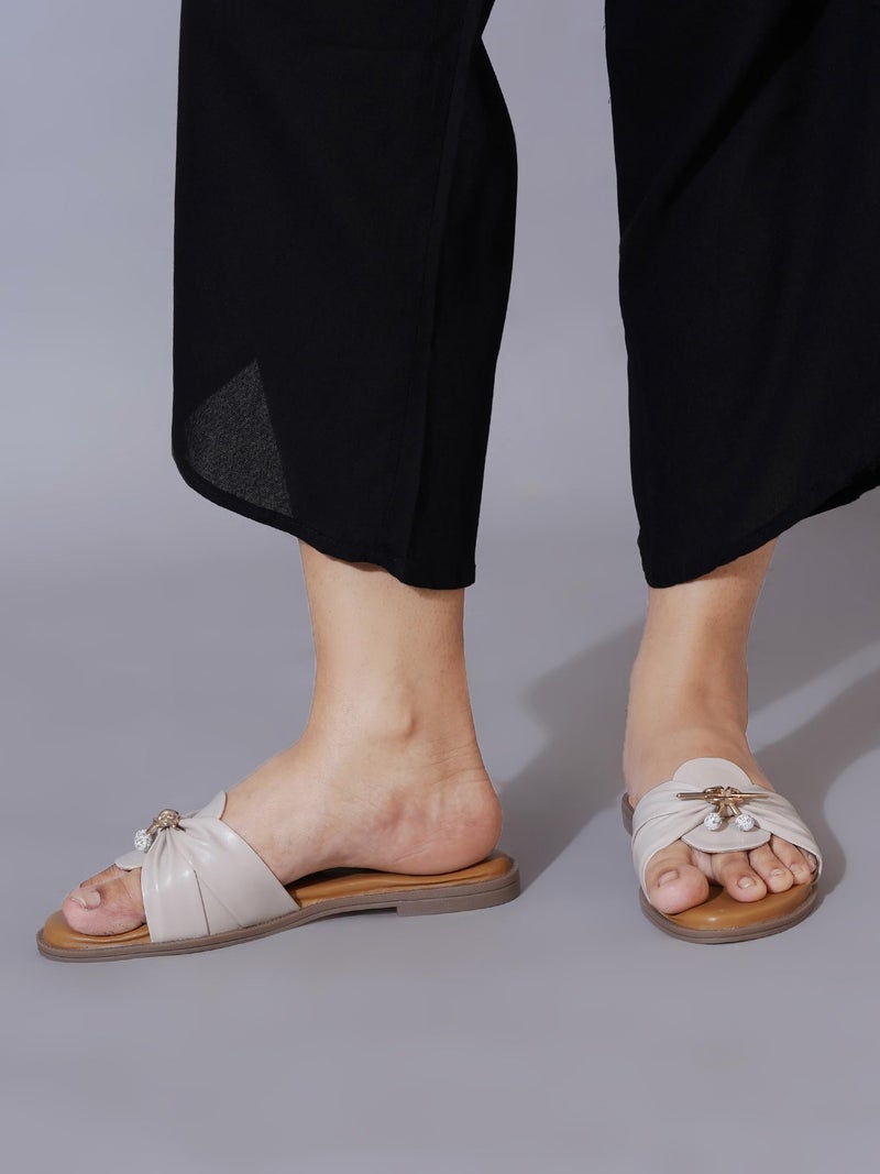 NZS Women’s Flat Slide SandalsBeige Open Toe Slip-On Flat with Cutout Strap Design ||Comfortable Summer Slides for Casual Everyday Footwear-EU42 - Image 3