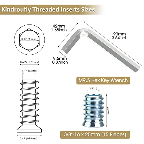 Kindroufly 3/8"-16 x 25mm Threaded Inserts, Nut Inserts, Wood Inserts, Blue Zinc Plated Carbon Steel, 3/8-16 Threaded Inserts with Hex Wrench for Wood Furniture Screw, Total 16 Pieces, Blue Color - Image 3