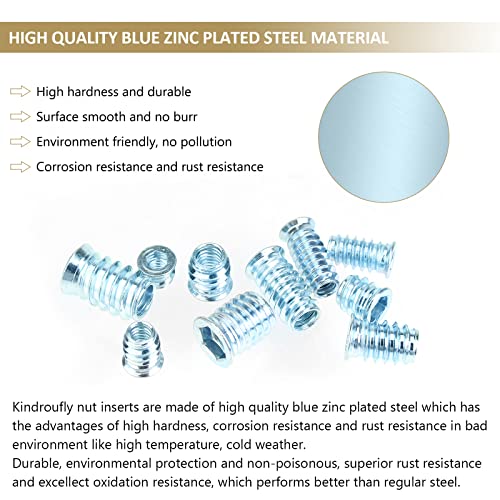 Kindroufly 3/8"-16 x 25mm Threaded Inserts, Nut Inserts, Wood Inserts, Blue Zinc Plated Carbon Steel, 3/8-16 Threaded Inserts with Hex Wrench for Wood Furniture Screw, Total 16 Pieces, Blue Color - Image 2